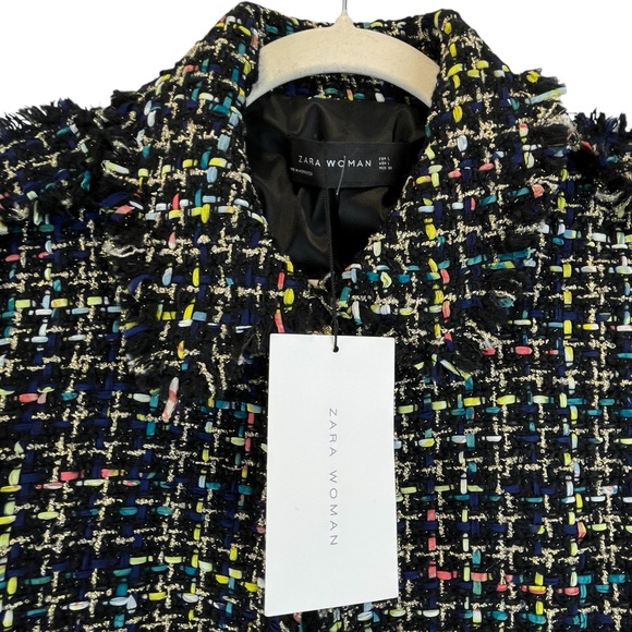 NWT ZARA Tweed Frayed Blazer Jacket Black Multicolor Gold Buttons Wool Blend L - Picture 7 of 15